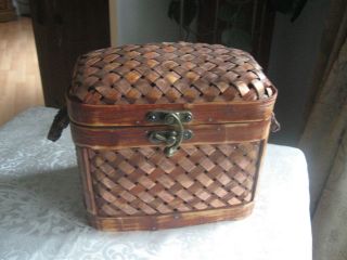 Vintage Wooden Trunk Chest Jewelry Storage Box Case Woven Wicker/bamboo Copper A