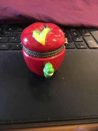 Vintage Ceramic Mini Trinket Box: Red apple with worm 2” 2