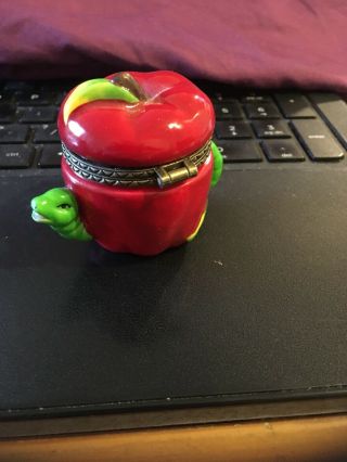 Vintage Ceramic Mini Trinket Box: Red apple with worm 2” 3