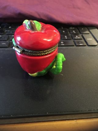 Vintage Ceramic Mini Trinket Box: Red apple with worm 2” 4