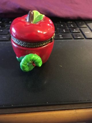 Vintage Ceramic Mini Trinket Box: Red apple with worm 2” 5