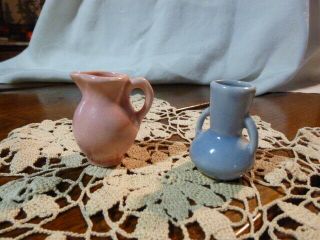 2 Vintage Miniature Ceramic Vases 2 1/4 " Doll House Shadow Box Blue Pink