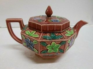 Vintage Maroon Glazed Teapot With Hand Painted Floral Design,  Made In Japan
