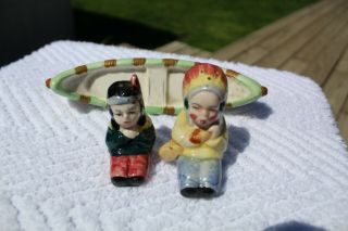Vintage Indians Man and Woman in Canoe Salt and Pepper Shakers - Japan 2