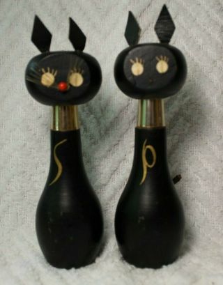 Vintage Wooden Black Kittens Salt And Pepper Shakers - Japan