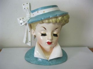Vintage Head Vase Napco C3959c 1959 Aqua Hat W Polka Dot Bow & Coat