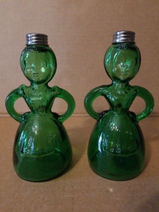 Emerald Green Glass Woman Salt Pepper Shaker Set Spice Garlic Salt Ladies 7 "