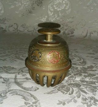 Vintage Brass Elephant Claw Bell 4 " Etched W/ Clover Design India 48 A
