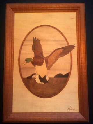Vintage Hudson River Wood Framed Marquetry Artist Inlay Flying Duck Picture