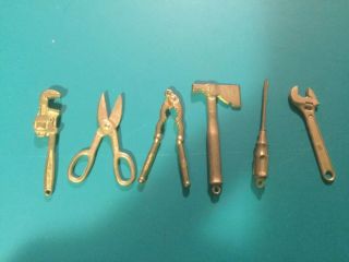 Vintage Intercast Minature Tools Brass Charms Gold Tone Movable Tin Snips & Nutc