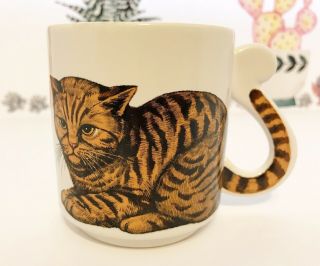 Vintage Orange Tabby Cat Tail Handle Ceramic Coffee Mug Cup 3.  75 "
