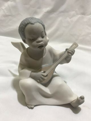Vintage Lladro African American Little Boy Angel Playing Lute