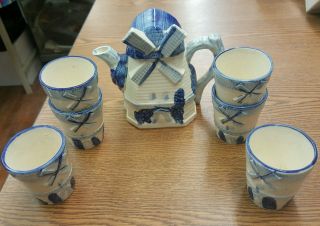 Vintage Set Japan Dutch Windmill Teapot And 6 Cup Tea Pot