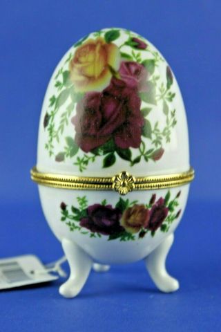 Vtg Porcelain Egg Trinket Box Tri - Leg Hinged Floral Rose Ring Jewelry Holder