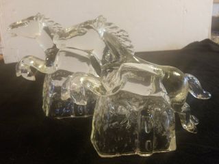 Pair Vintage Action Glass Figurine Of A Horse Jumping A Fence,  9 " Tall