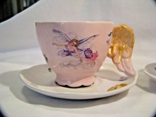 2 Beau Michelle Pink Tea Cups & Saucers With Rose Buds & Angel Wing As A Handle