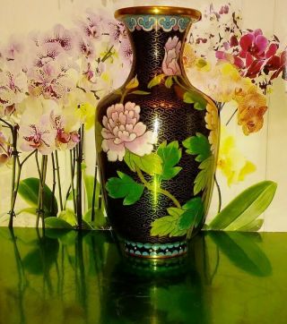 Chinese Brass Black Cloisonne Floral Enamel Vase Multi - Color Design 7.  5 "