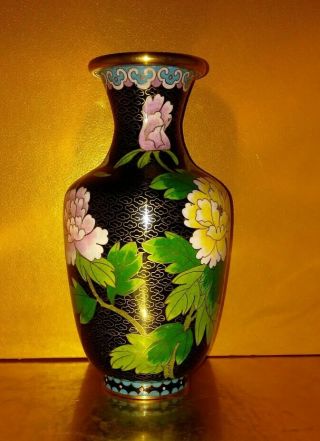 Chinese Brass Black Cloisonne Floral Enamel Vase Multi - Color Design 7.  5 