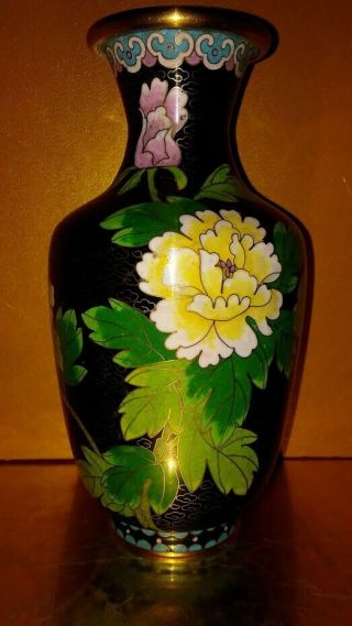 Chinese Brass Black Cloisonne Floral Enamel Vase Multi - Color Design 7.  5 