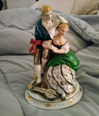 Vintage Hand Painted Porcelain Colonial Man And Woman With Mandolin - Figurine