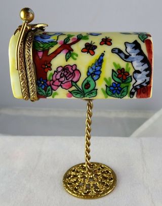 Peint Main " Monsieur Francais " Limoges Porcelain Mailbox Cat Trinket Box - Cute