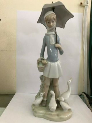 Lladro Girl With Umbrella And Geese Figurine 4510