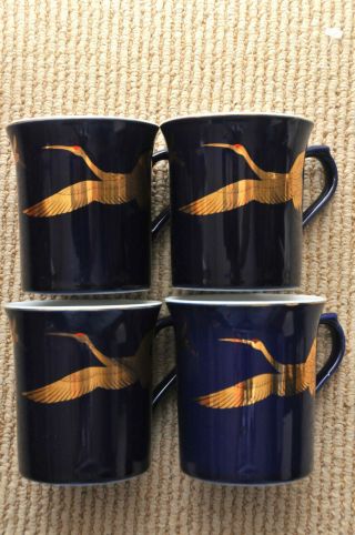 Takahashi San Francisco Tea Coffee Gold Crane Set Of Four Cobalt Blue Mugs