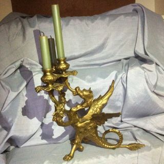 Set Of Oversized Solid Brass Griffin Gothic With Three (3) Candlestick Holders.