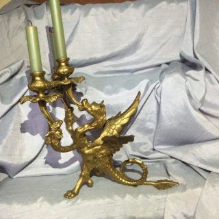 Set of oversized solid brass Griffin Gothic with three (3) candlestick holders. 2