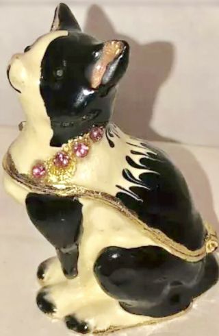 Bejeweled Cast Metal Trinket Box Black And White Cat