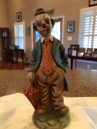 One Ceramic Clowns Figurines With Umbrella - Vintage - Sz - 7 3/4 " Tall