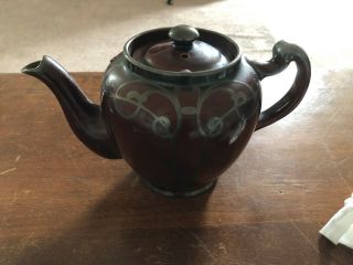 Vintage Tea Set,  Brown Glaze With Silver Overlay,  Teapot,  Creamer,  Sugar Pot