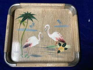 Vintage Flamingo Wooden Serving Tray,  Hand - Painted,  Metal Corners.  7.  25” X 6.  5.