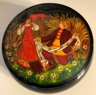 Vintage Black Lacquered Trinket Powder Box Made In The Ussr Russia Handpainted