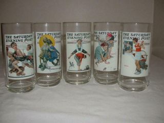5 " The Saturday Evening Post " Glass Tumblers Norman Rockwell Different Pictures