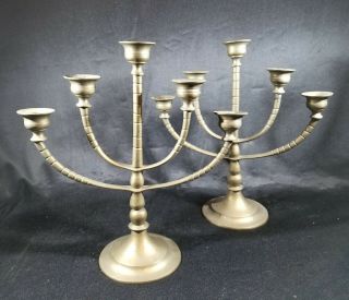 Pair (2) Vintage Solid Brass Metal Candelabra 5 Candle Holders Old Heavy