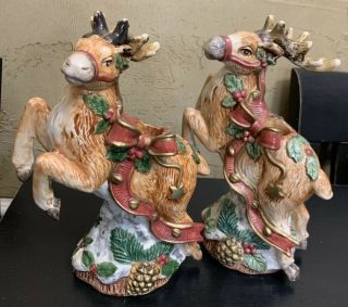 Pair Rare Retired Fitz And Floyd Holiday Leaping Reindeer Taper Candleholder