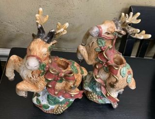 PAIR Rare Retired Fitz and Floyd Holiday Leaping Reindeer Taper Candleholder 2