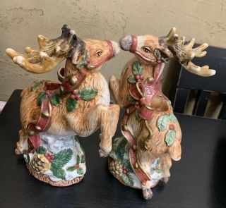 PAIR Rare Retired Fitz and Floyd Holiday Leaping Reindeer Taper Candleholder 3