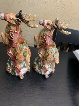 PAIR Rare Retired Fitz and Floyd Holiday Leaping Reindeer Taper Candleholder 4