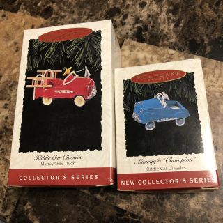Hallmark Christmas Ornament Set Of 2 Kiddie Car Classics Fire Truck Champion Vtg