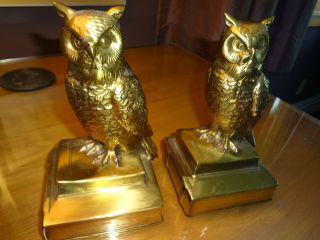 Vintage Cast Brass Owl Bookends,  Sitting On History Books,  Heavy,