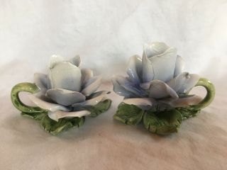 Vintage Pair 2 Porcelain Blue Rose Bud Flower Candle Holders Hand Painted Italy