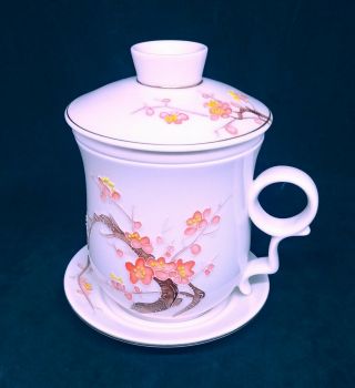 Teavana Fine Porcelain China Coral Okura Blossom Tea Mug 4 Pc Set