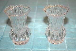 Vintage Crystal/cut Glass Etched Set Of 2 Small Vases/toothpick Holders (?)