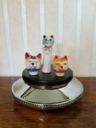 Vintage Ceramic Dog Heads With Cat Friend Salt & Pepper Shakers