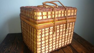 Vintage Wicker Picnic Basket With Red Checkered Linen Lining And Serving Ware