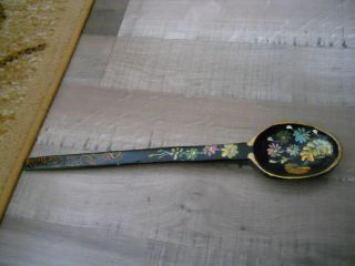 Vintage 15 " Black Hand Painted Wooden Spoon Flowers Lacquer Floral Deco Wall Art