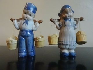 Vintage Dutch Girl & Boy Bisque Dolls 3.  25” Tall With Buckets,  Japan