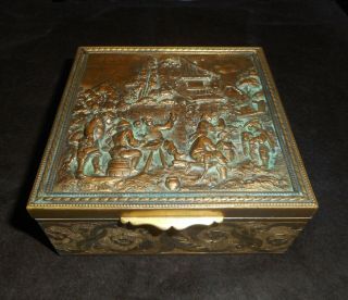 Vintage Antique French Brass Repousse Ormolu Velvet Lined Jewelry Box